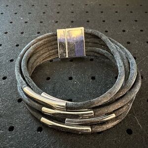 Multi-Strand Gray Suede Wrap Bracelet with Silver Accents